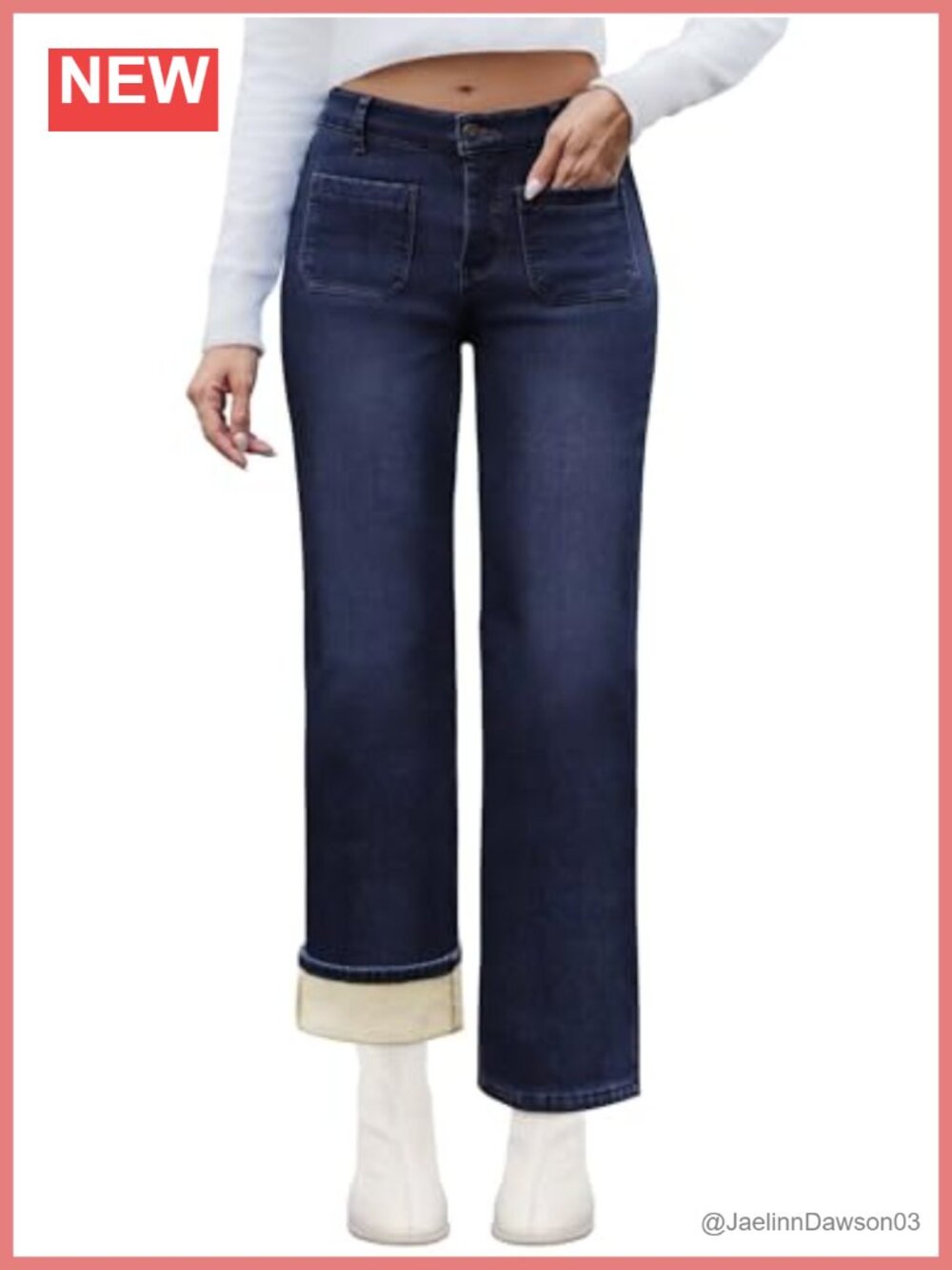 Fleece Lined High Rise Stretch Straight Leg Jeans Cotton Blend Winter